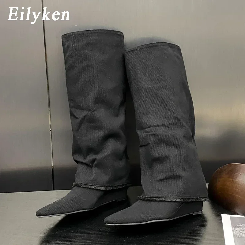 Eilyken Punk Style Pointed Toe Women Knee-High Boots Designer Wedges Heels Long Booties Female Shoes Zapatos Mujer