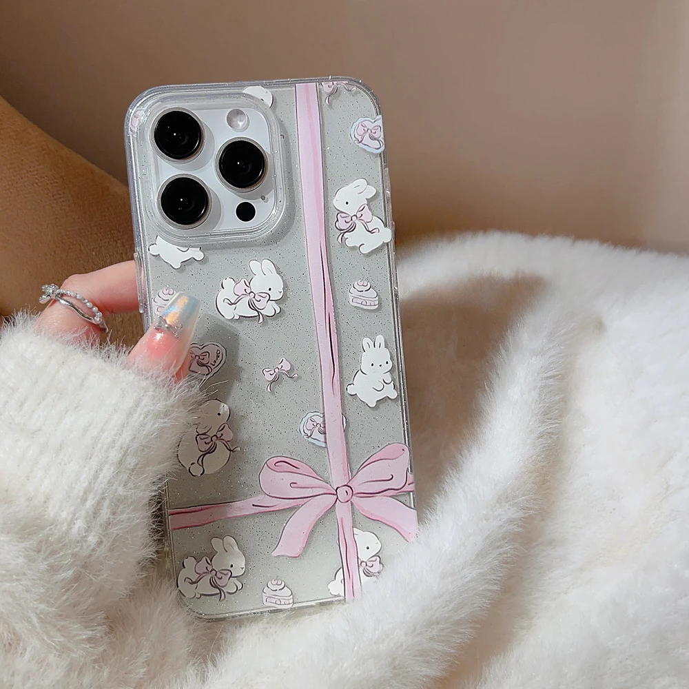 풀 스크린 반짝이 만화 귀여운 나비 매듭 토끼 충격 방지 보호 폰 커버 케이스, 아이폰 16, 15, 14, 13, 12, 11 프로 맥스 플러스