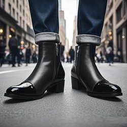 Spring andAutumn Men High-heeled Square head Stage Catwalk Wedding Boots top layer cowhide Thick Heel Party Heighten men's Boots