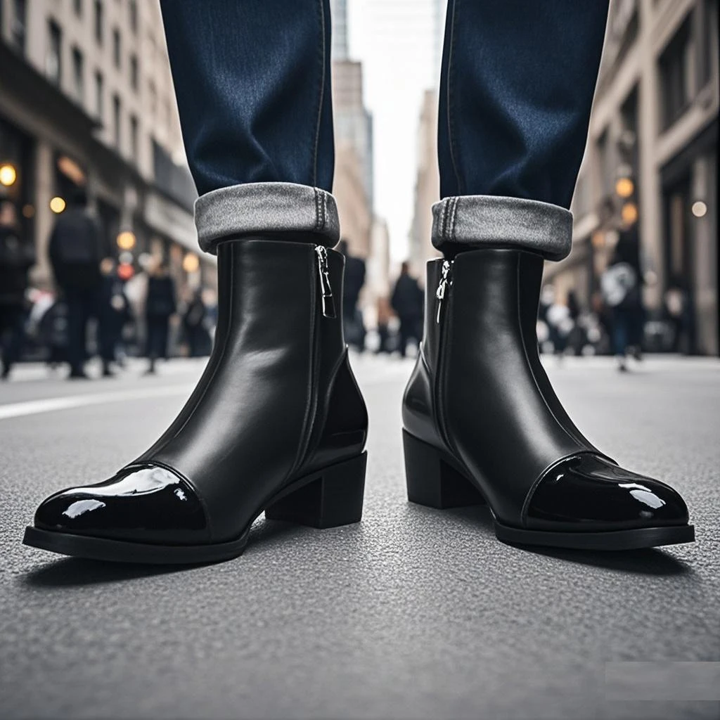 Spring andAutumn Men High-heeled Square head Stage Catwalk Wedding Boots top layer cowhide Thick Heel Party Heighten men's Boots