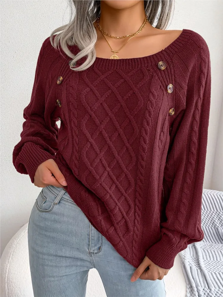 

Women's Autumn Winter Casual Square Neck Nail Button Fried Dough Twists Knitting Diamond Long Sleeve Pullover Sweater Women's