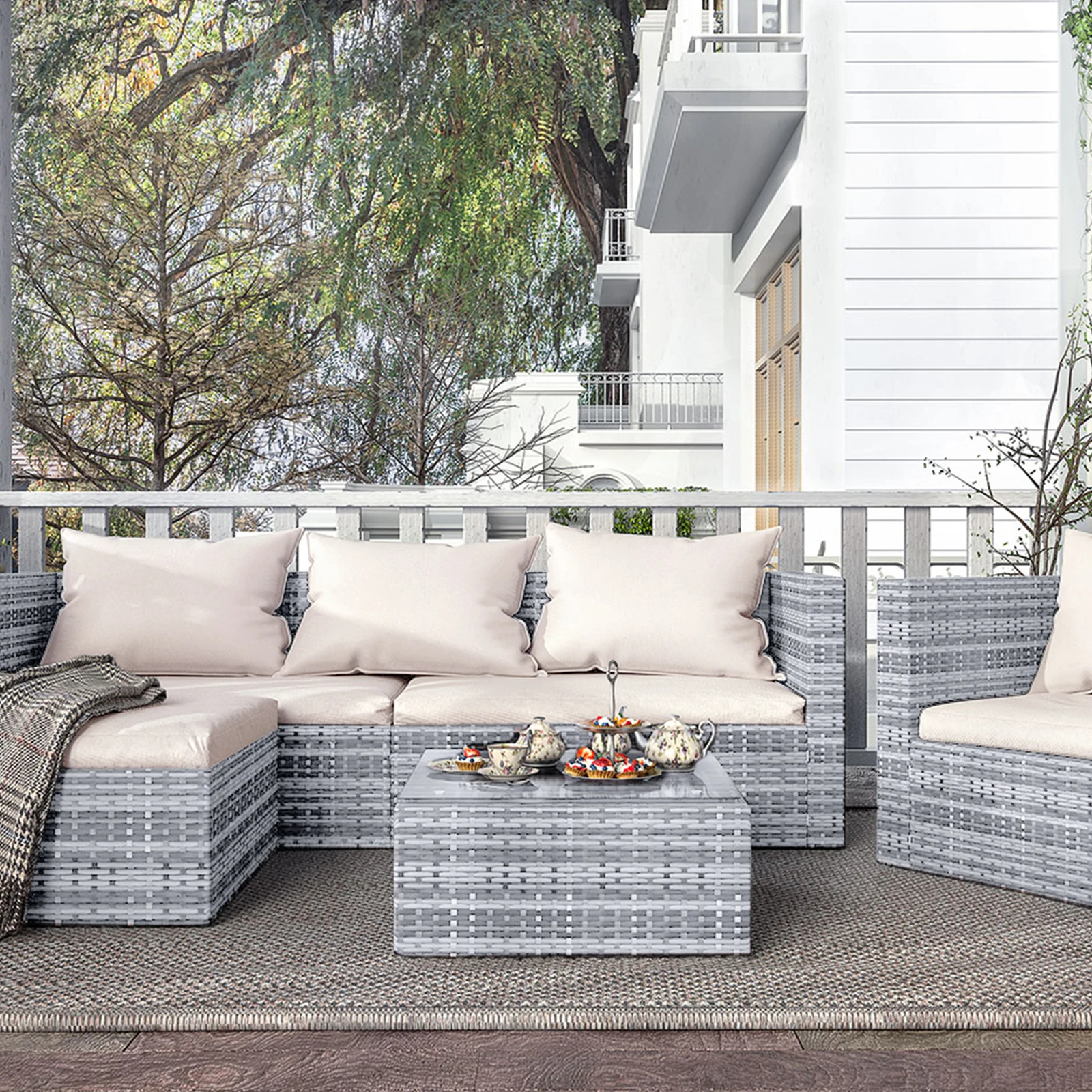 Rattan Furniture Set Garden4-Piece Wicker Sectional Sofa Sets includes Armchair,Double seat Sofa and table Outdoor Bistro Home