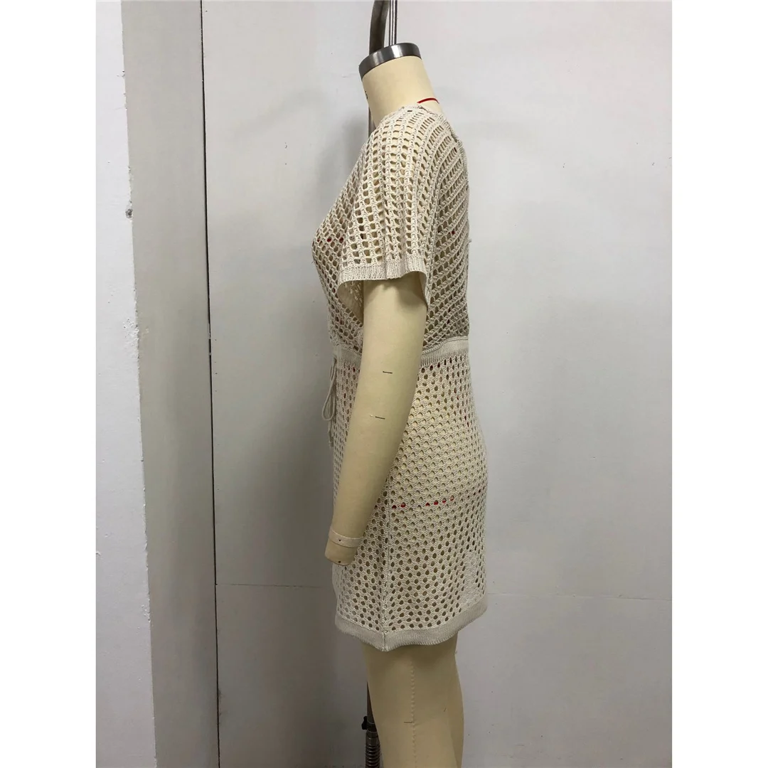 2026 Kurzarm V-Ausschnitt Aushöhlung Häkel-Strick-Tunika Strand-Überwurf Strandkleid Strandmode Damen V8152 – Detail 22