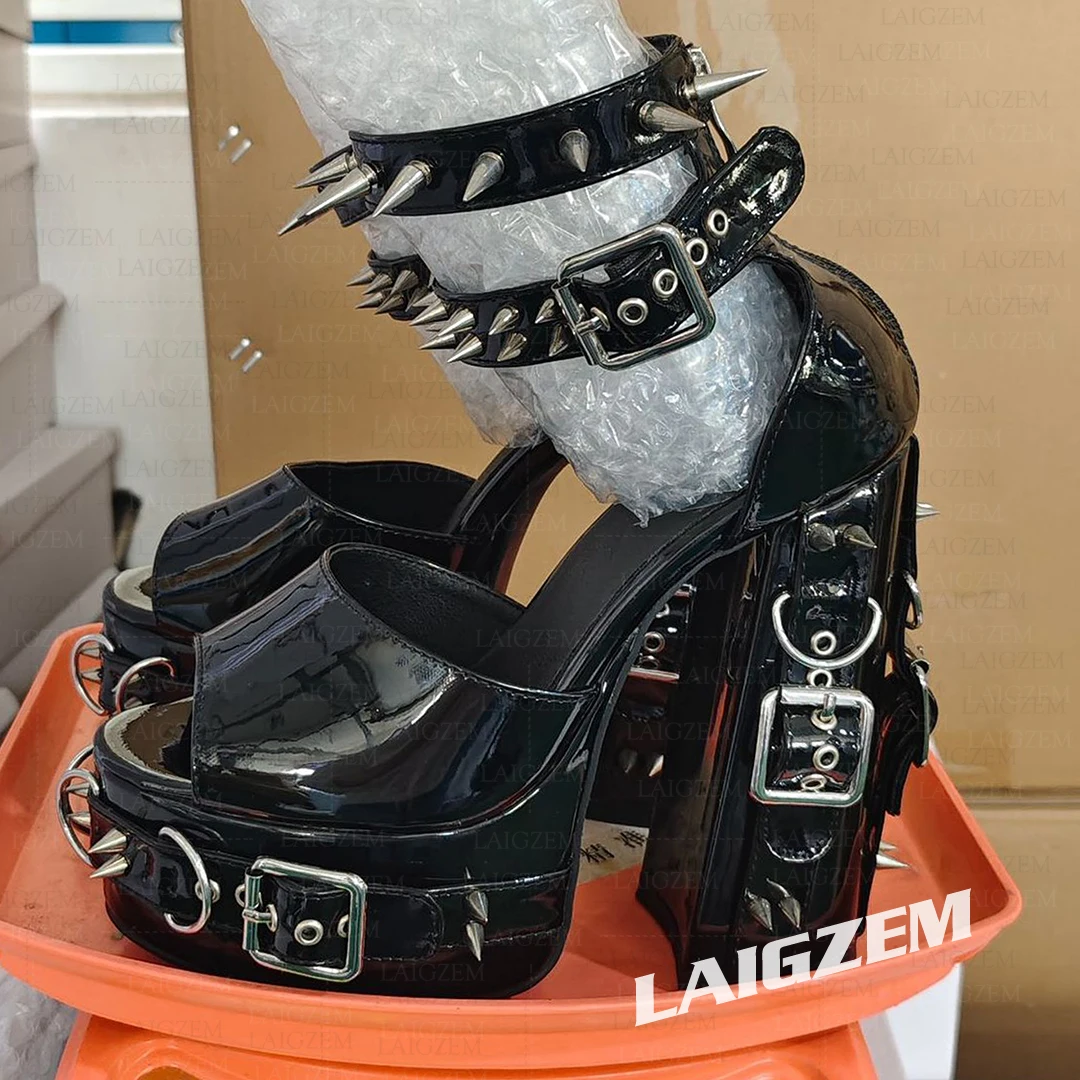 LAIGZEM Women Platform Pumps Studded Chunky High Heels Sandals Back Zipper Cosplay Gothic Ladies Shoes Woman Plus Size 41 45 52