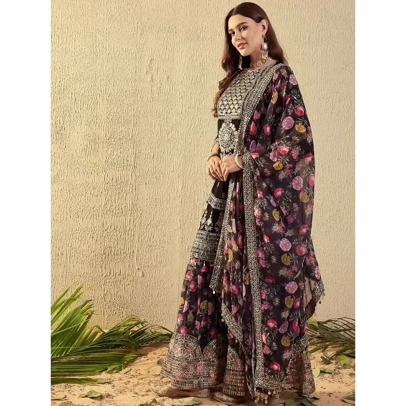 Abito da donna vintage indiano pesante ricamato in georgette punjabi con paillettes 3 pezzi set tunica pantaloni dupatta per la festa del festival di nozze