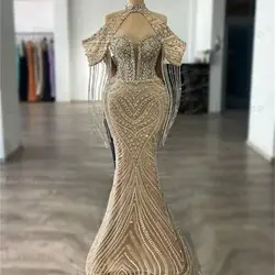 Champagne Arabic Evening Dress Aso Ebi Mermaid Prom Dresses Beaded Crystals Tassel Luxurious Formal Party Second Reception Gowns