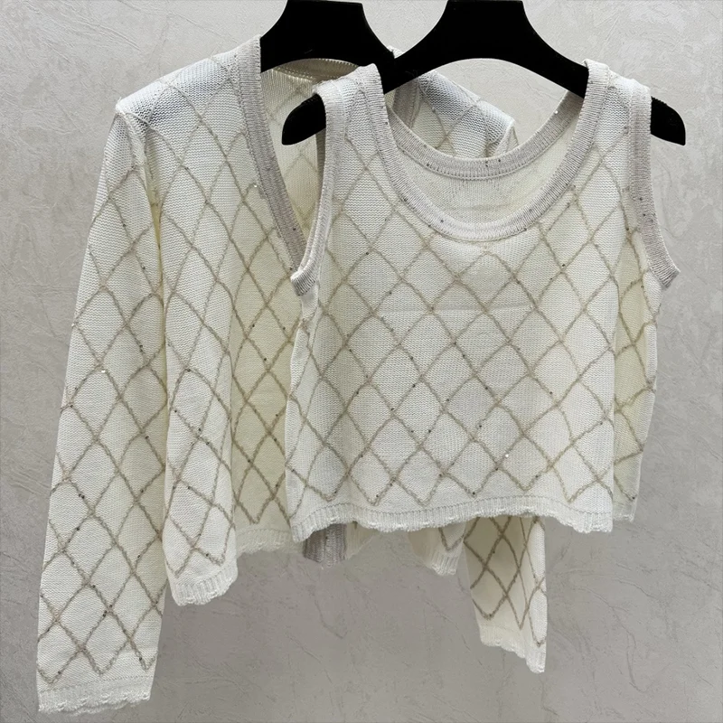 

High quality Women's diamond pattern two piece sets V-neck cardigan sweater + Round-neck tank top with wave-shaped hem 25120550