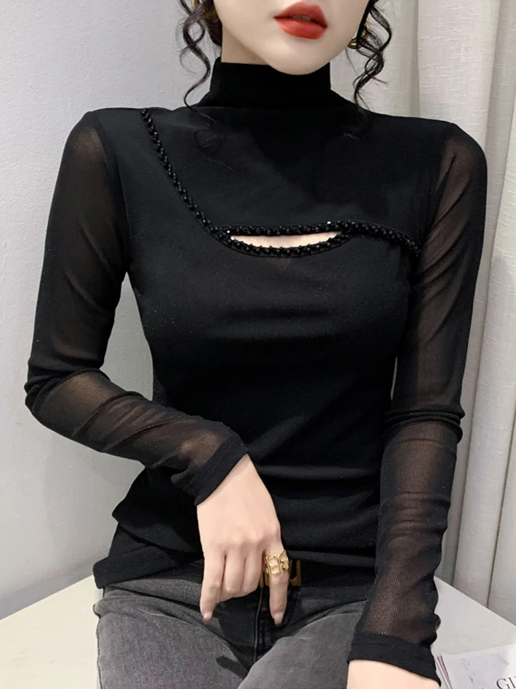 المرأة عالية الياقة Fce اصطف لي قاعدة irt طويلة Sve Faion ليوبارد طباعة T الأعلى سليم صالح ملابس داخلية تخفيف Sle