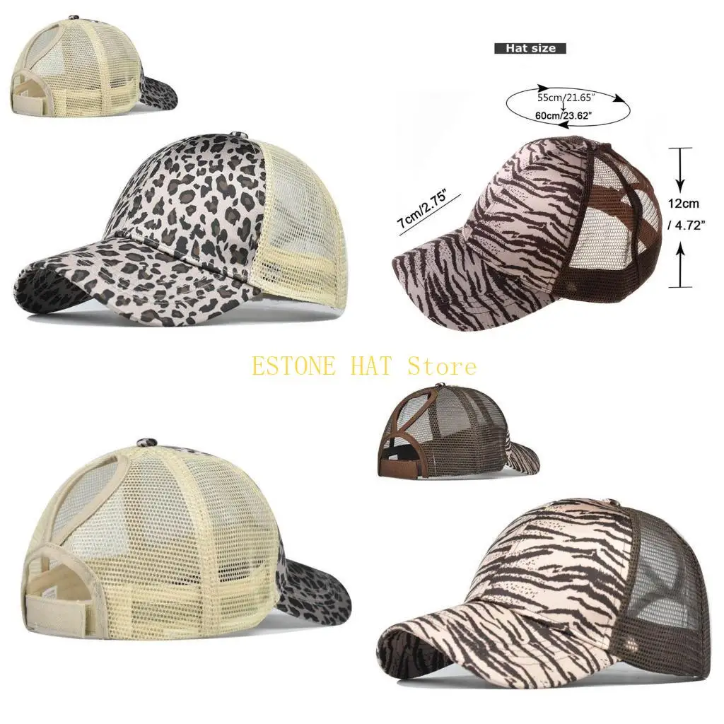 49MF Women Summer Mesh Back Ponytail Messy Baseball Cap Vintage Leopard Stripes Printed Adjustable for Snapback Trucker