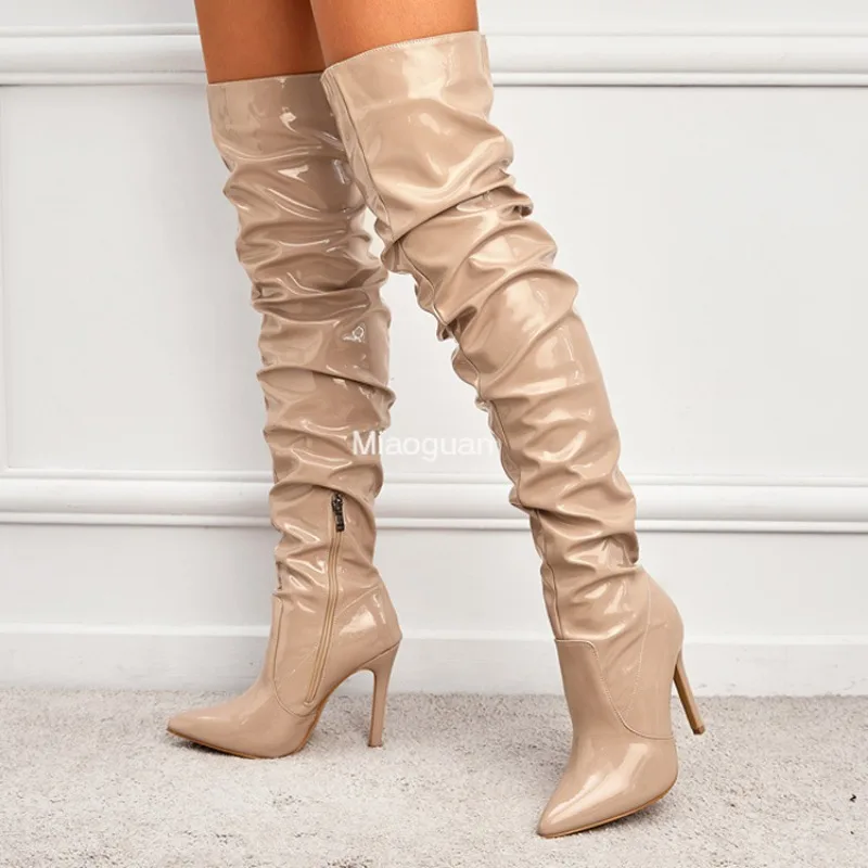 Women Over-the-Knee Boots Punk Square High Heel Winter Zipper Shoes Pleated Pointed Toe Solid Color Long Booties Fashion Comfort