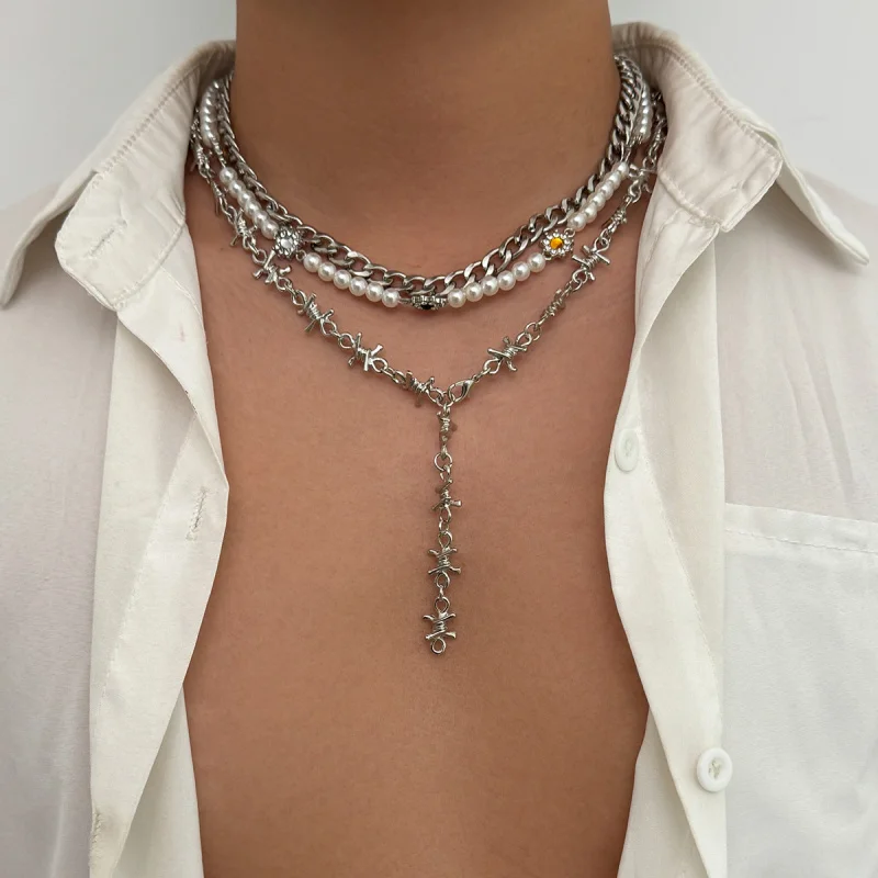 Men’s Edgy Thorns Necklace Multi Layer Silver Cuban Chain Pearl Accents Barbed Wire Y-Necklace Statement Fashion