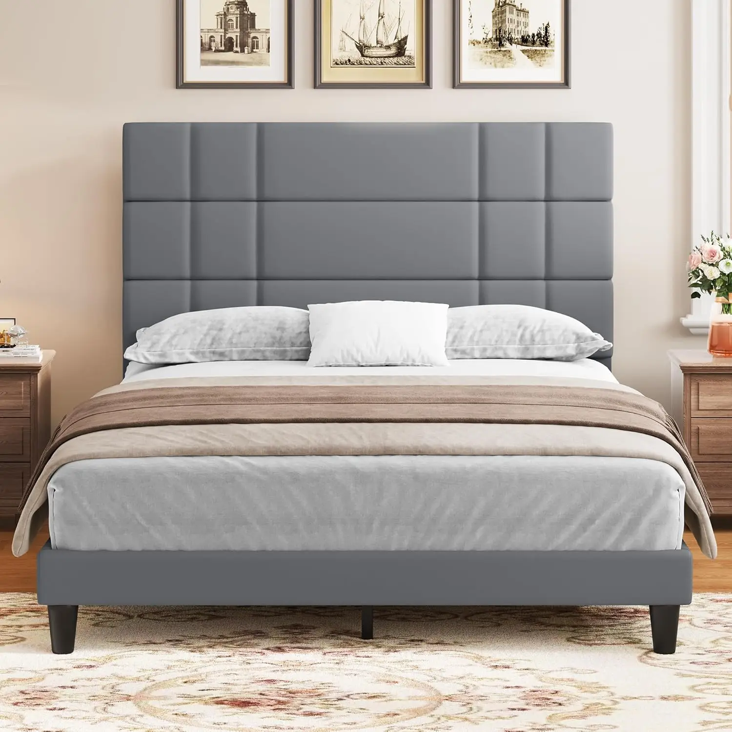 

Queen Size Bed Frame Linen Fabric Upholstered Platform with Headboard and Strong Wooden Slats, Non-Slip and Noise-Free