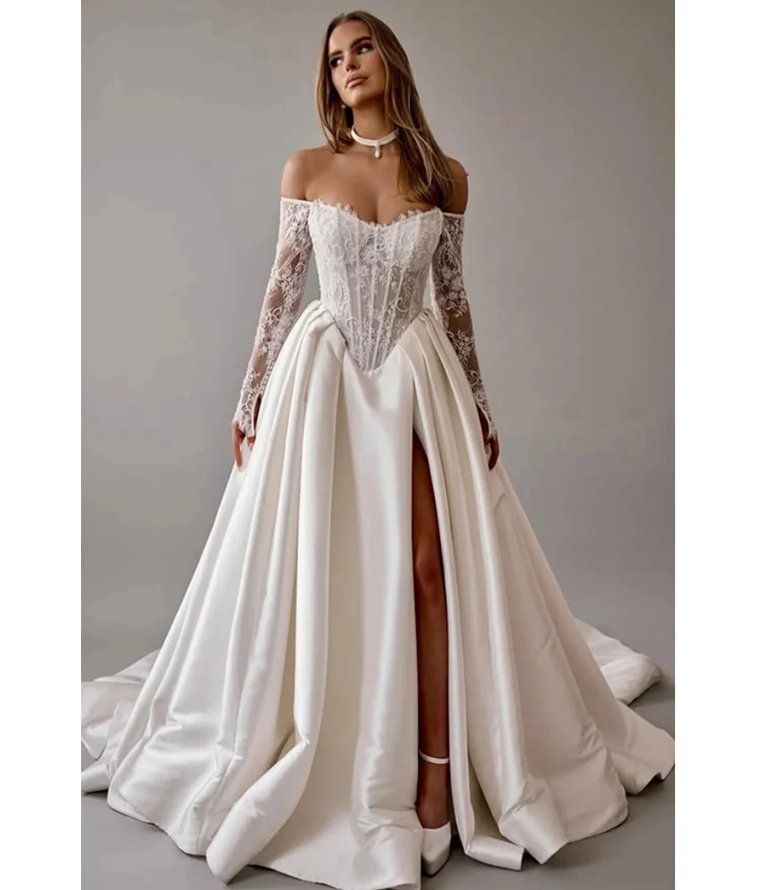 

Изысканное атласное вечернее платье Lzhk с открытыми плечами, кружевом, V-образным вырезом и длинными рукавами, высококачественное, для женщин, свадебное