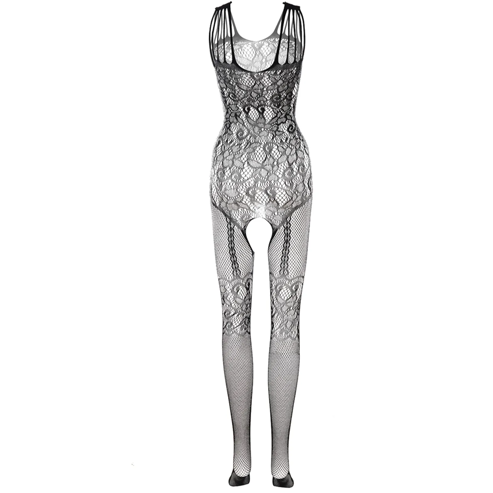 women sexy Bodysuit large size transparent Fishnet lace underwear Embroidery black open Crotchless Teddy One-piece thin Intimate