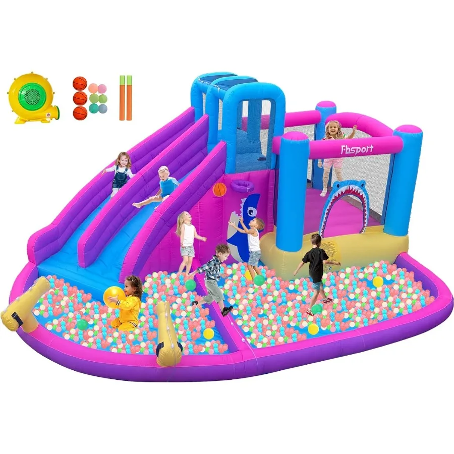 Casa de rebote inflable, tobogán acuático, parque, castillo inflable con 2 toboganes y doble cañón, pared de escalada, castillo hinchable con 550W A
