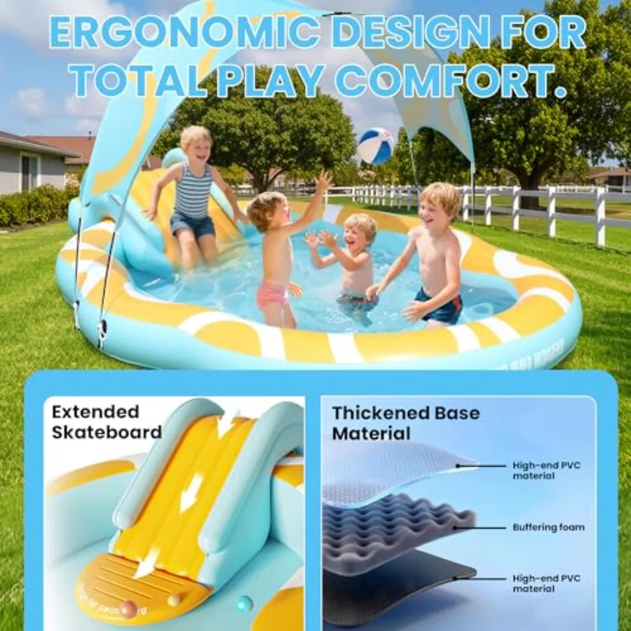 Backyard water play center for kids: inflatable kiddie pool with slide and canopy durable thickened PVC blue and yellow extra-l view 2