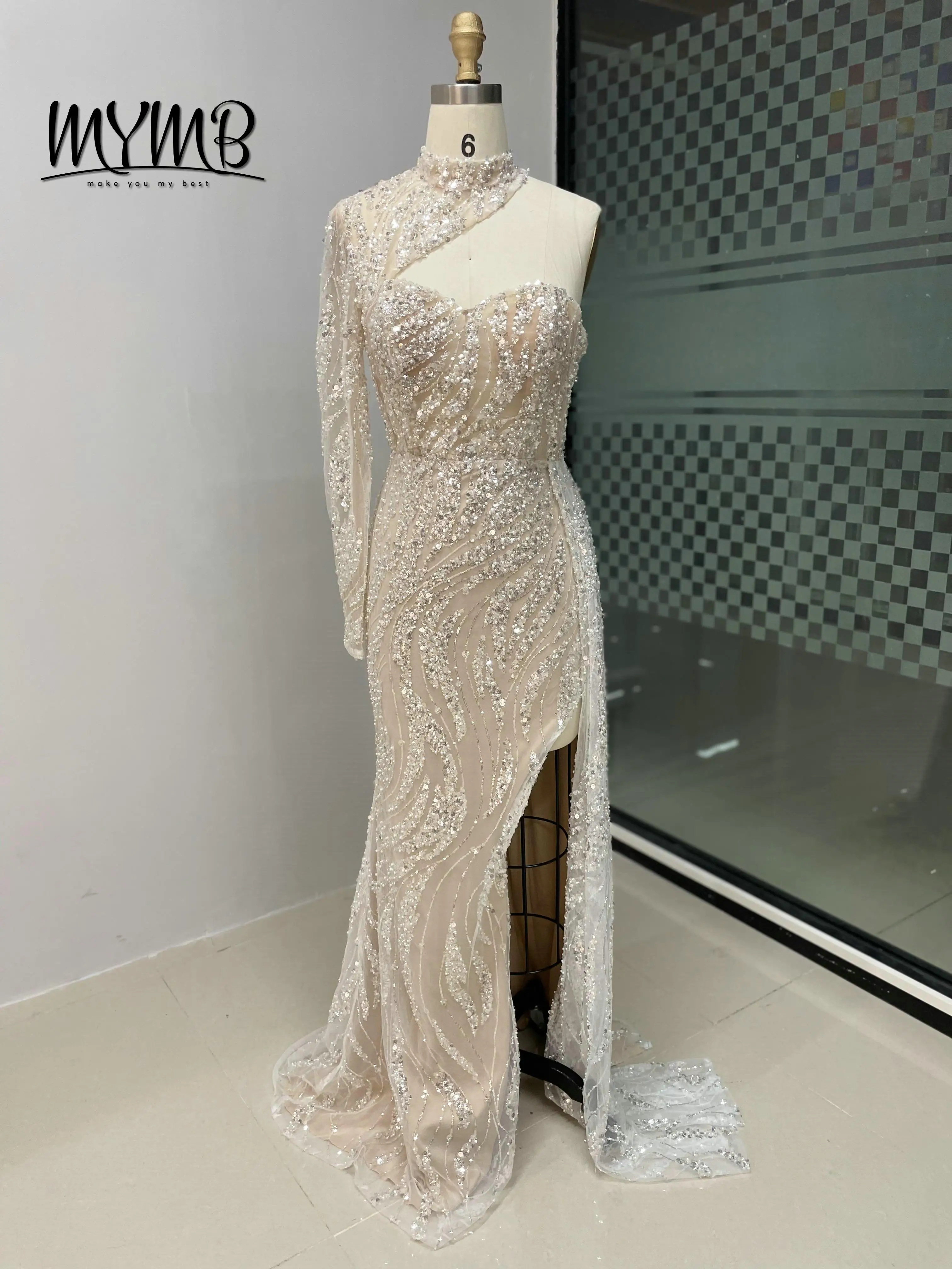 MYMB Stilvolles One-Shoulder-Meerjungfrau-Abschlussballkleid mit Schlitz, individuelles Langarm-Hochzeitskleid in Übergröße für Frauen MY30033