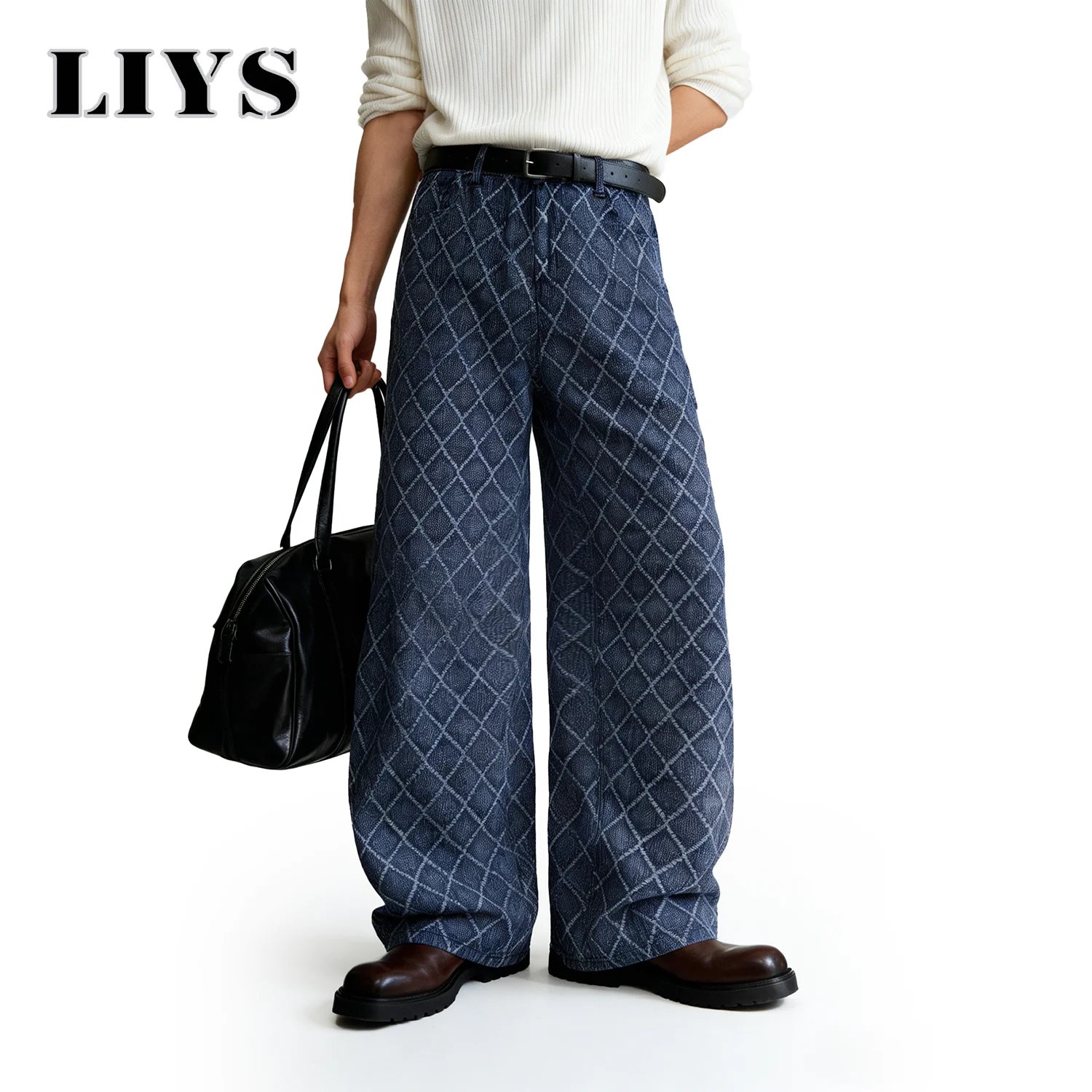 

Джинсы LIYS в японско-корейском стиле, синие, с ромбовидным жаккардовым узором, свободного кроя, широкие штанины, американский ретро-стиль, модные, для делового повседневного образа, из денима. ﻿ Унисекс