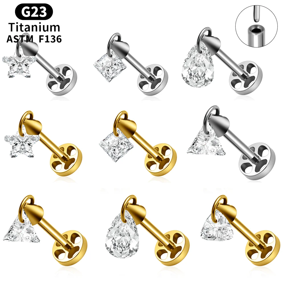 

ASTM F136 Titanium 16G Floating Marquise Heart Stars CZ Dangle Charm Lip Stud Earring Tragus Cartilage Helix Flat Back Piercing