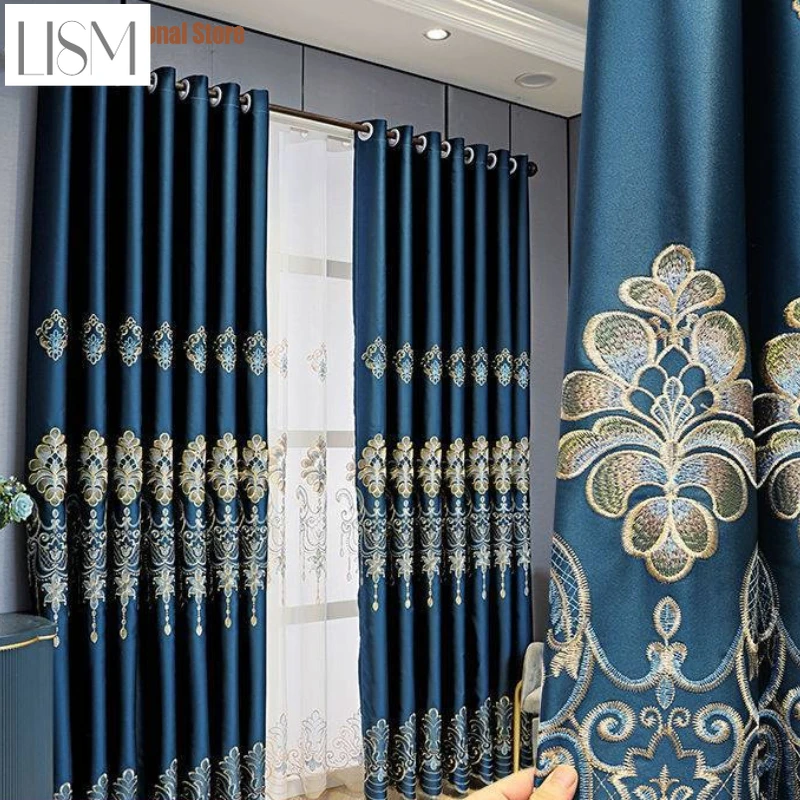 

European Style Full Shading Embroidery Balcony Sound Insulation Sunshade Window Products Curtains for Living Dining Room Bedroom