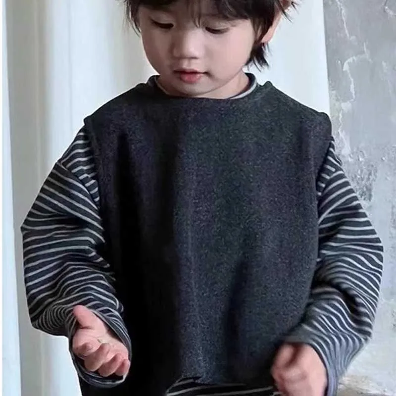 Boys and Girls' Set of Woolen Vest+base Coat+ Pants Korean Brother and Sister Outfit 2024 Autumn and Winter New Style 3Pcs Set