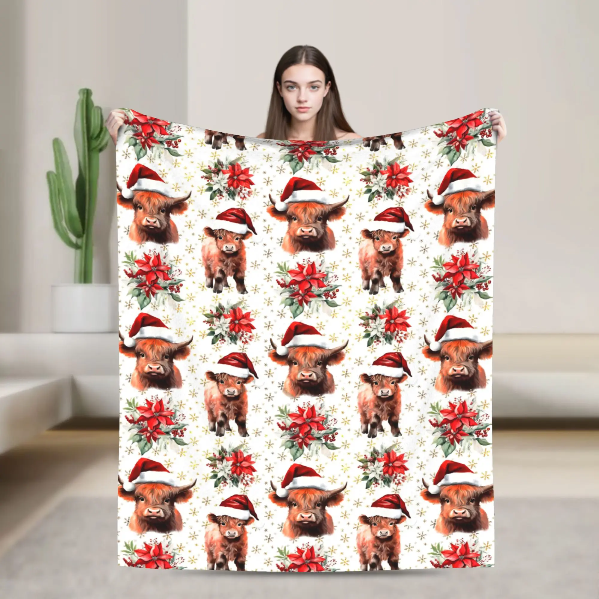 Christmas Highland Cow Blankets Fleece Spring Autumn  Multi-function Soft Throw Blankets for Home Travel Bedding Throws