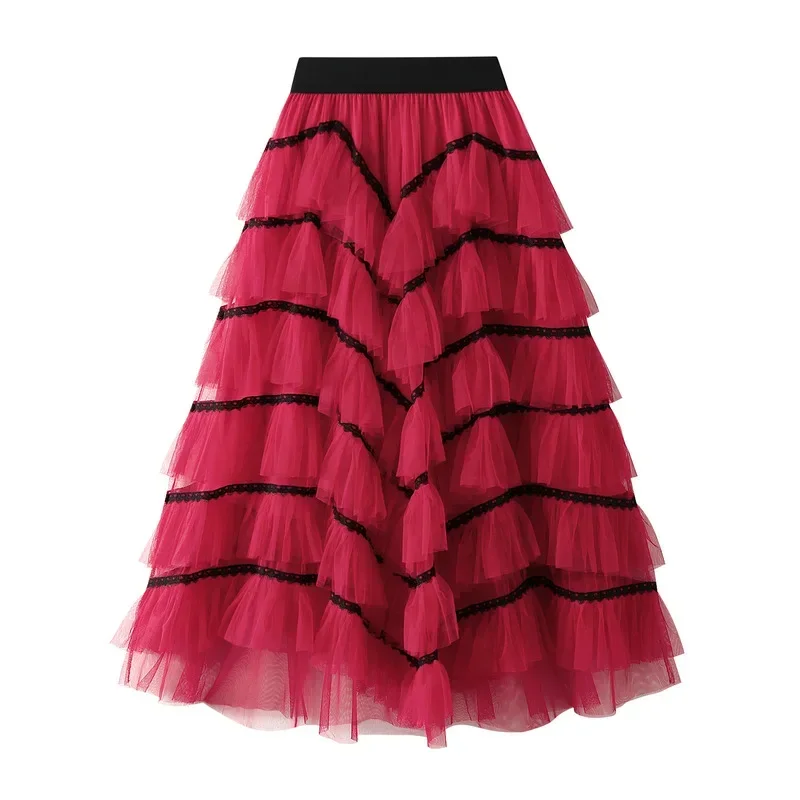 

Solid Color Layered Yarn Underskirt Women's High Waist Contrasting Color Gauze Skirt Party Outfit Picture Spring Summer New Item