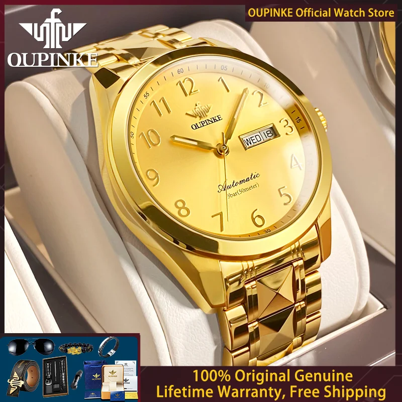 

OUPINKE 3228 Men's Watch Luxury Brand Japanese Automatic Mechanical Watch Gold Digital Scale Calendar Men's Watch Reloj Hombre