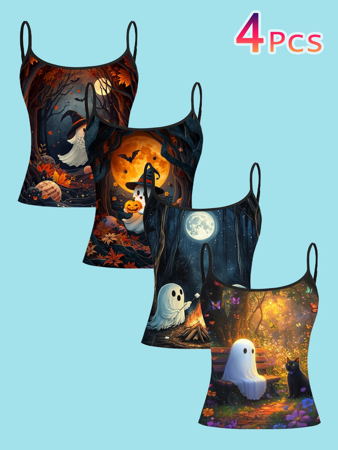 4-Piece Set of Cute Cartoon Ghost Halloween Forest Full Moon Print Camisole Tops for Women, Sweet and Cool Thin Strap Slim-Fit Inner Wear Tops