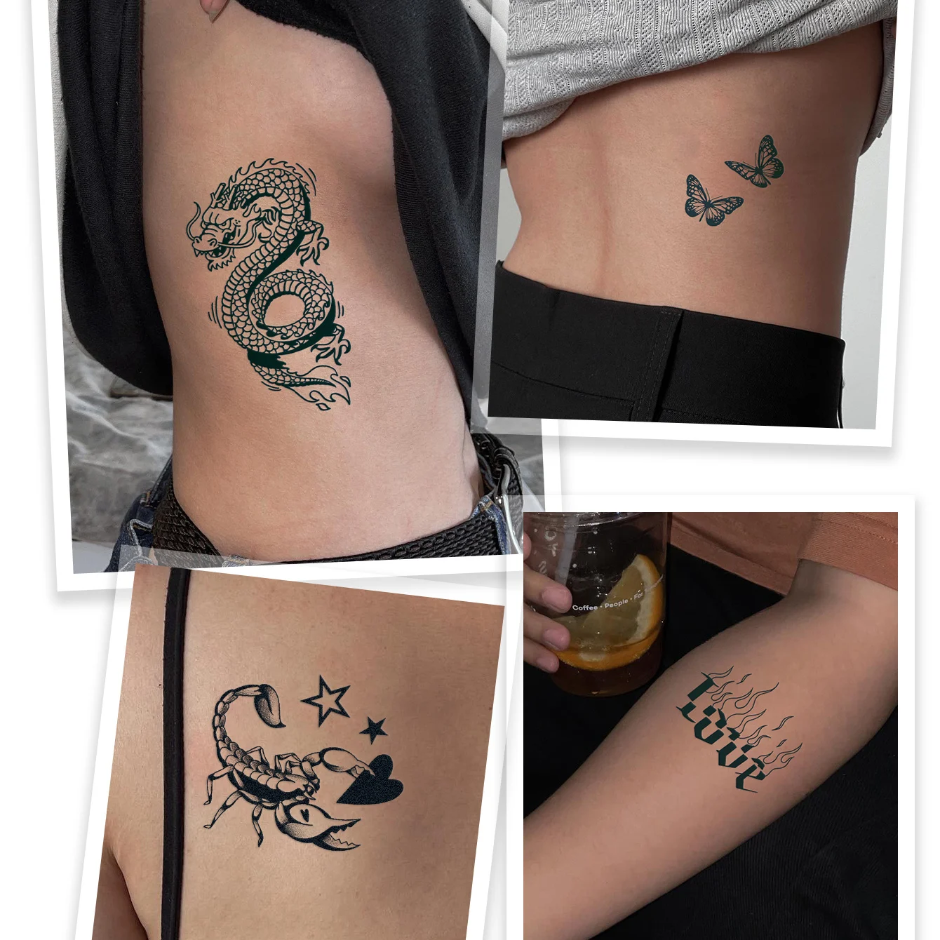 Tatouages Temporaires Papillon et Fleur pour Homme et Femme, Autocollant d'Art Corporel, Ballon, Chien, Conception d'Angle, Tatouage Étanche, Bord de Mer, Voyage, 4 Pièces