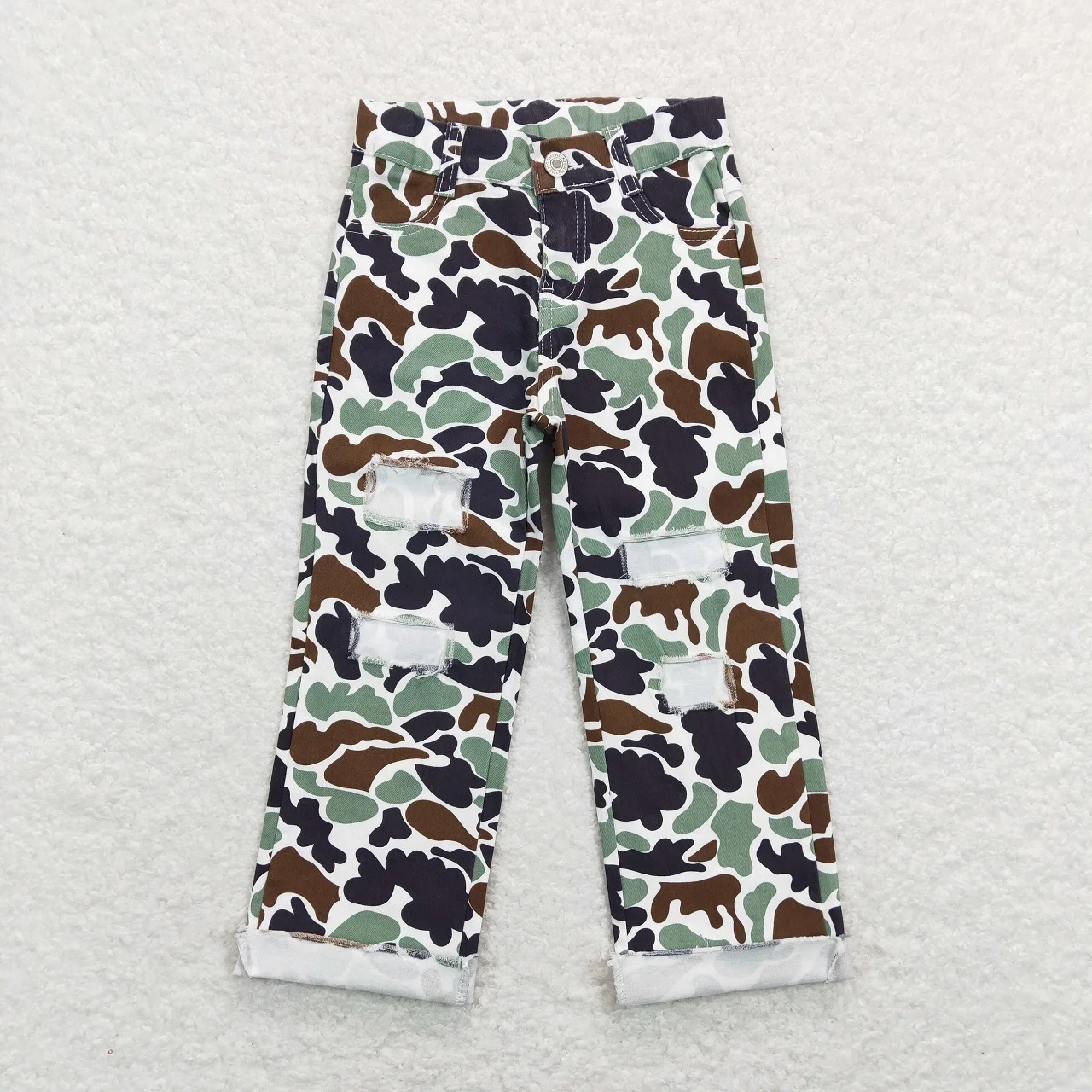 Wholesale Baby Boy Camo Denim Pocket Pants Trousers Kids Jeans Children Toddler Ripped Broken-hole Clothing