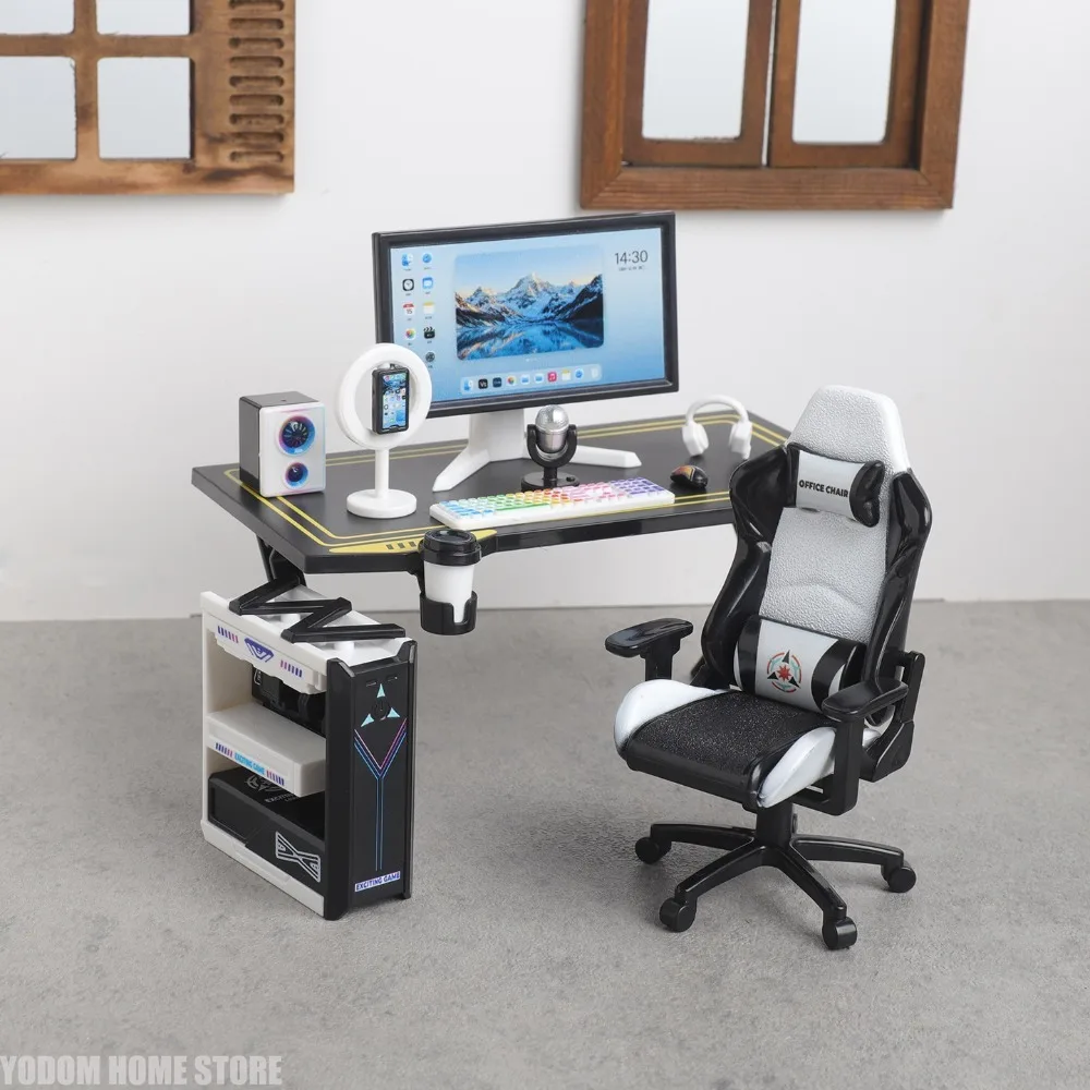 Mini Gaming Desk Chair Set 1:12 Scale - Micro Model Computer Host Desktop Decoration Scene Ornament