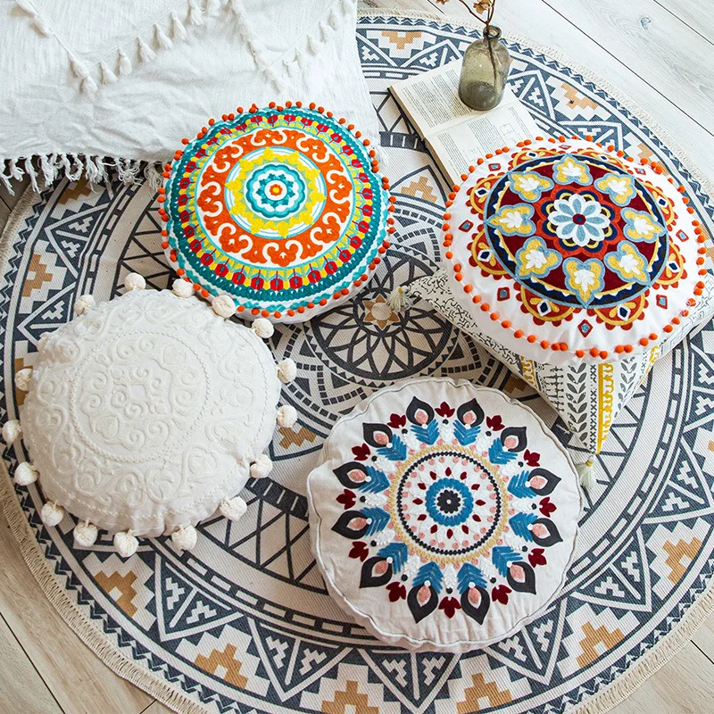 Moroccan Ethnic Round Cushion Cover Mandala Floral Embroidery Home Decor Living Room Throw Pillow Case Ball Indian Decorative