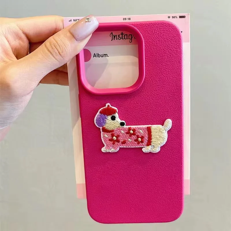 Korean Cartoon 3D Cartoon Embroidery Dog Phone Case For iPhone 16 15 14 13 12 11 Pro Max Plus Funny Puppy Leather Pattern Cover