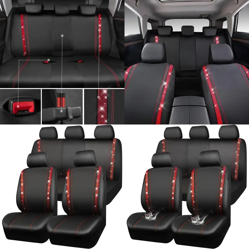 

Универсальный комплект чехлов на автомобильное сиденье со сверкающими стразами, водонепроницаемая искусственная кожа, застежка-молния сзади, блестящие хрустальные акценты для