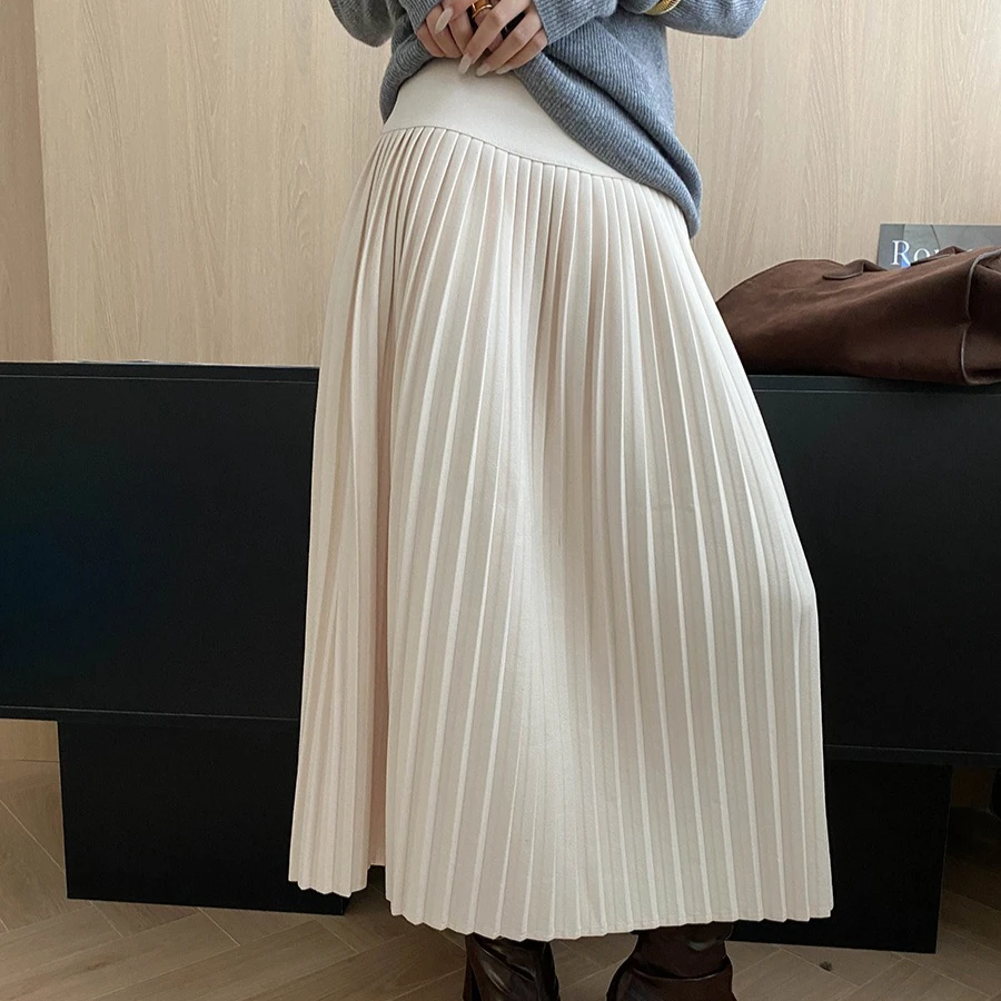 

Women Skirts Solid Skirt Pleated A Line Empire Elastic Waist Ankle Length Non Strech Loose Casual Office Lady 2025 Autumn Winter