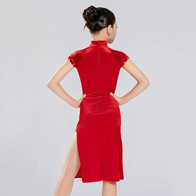 Ropa de baile latino de terciopelo para niñas, Cheongsam de estilo chino, uniforme de competición de baile latino, disfraces para niños
