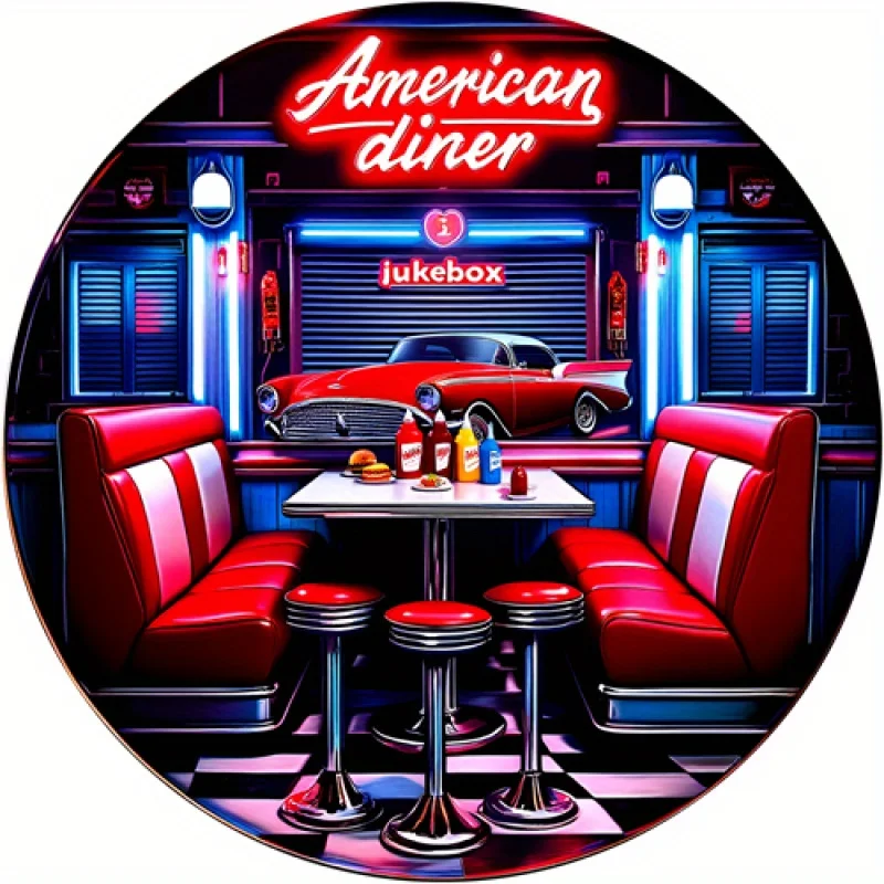 2D flach, 1 Stück, Retro-Stil, amerikanisches Restaurant, kreisförmige Kunst aus Holz, rotes Auto- und Jukebox-Design, perfekte Restaurantdekoration