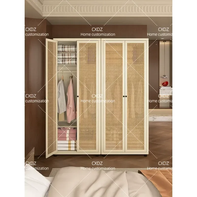 Light Luxury Rattan Steel Wardrobe Household Bedroom Large Capacity Hollow out Integrated Installation free Storage Cabinet