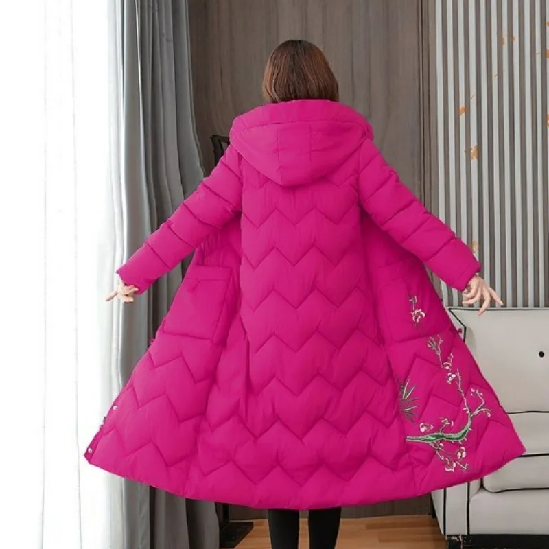2023 New Women Down Cotton Coat Winter Jacket Female Long Thick Warm Retro Parkas Appear Thin Embroidery Outwear Hooded Overcoat