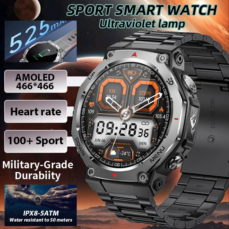 

2025 New Military Smart Watch Men Flashlight/UV Light 5ATM Waterproof Watches Bluetooth Call Outdoor Sports Fitness Smartwatch