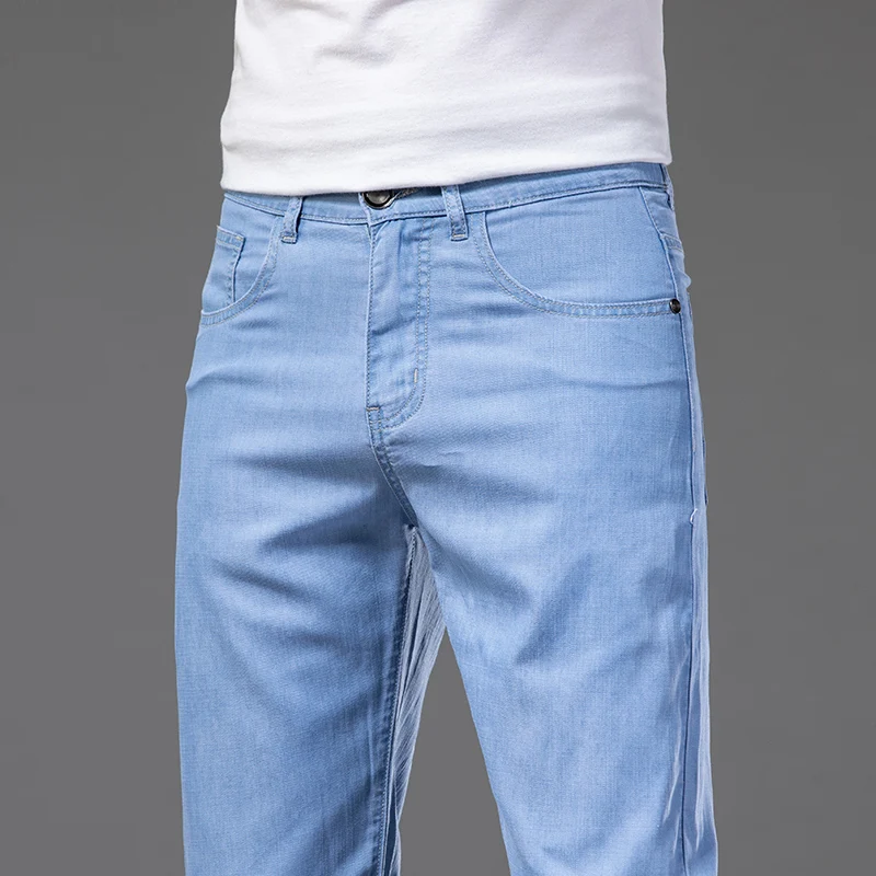 Lyocell-pantalones vaqueros de verano para hombre, Jeans elásticos rectos, delgados, azul claro, clásicos, talla grande 40 42 44