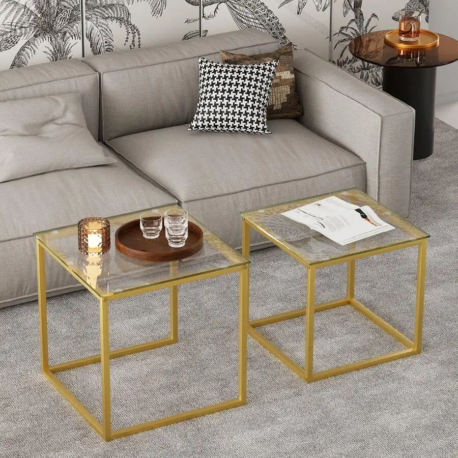 VILAWLENCE Coffee Table Set Of 2, Modern Gold Glass Side Table, Metal Frame Square End Table, Center Tables Nesting Coffee Table