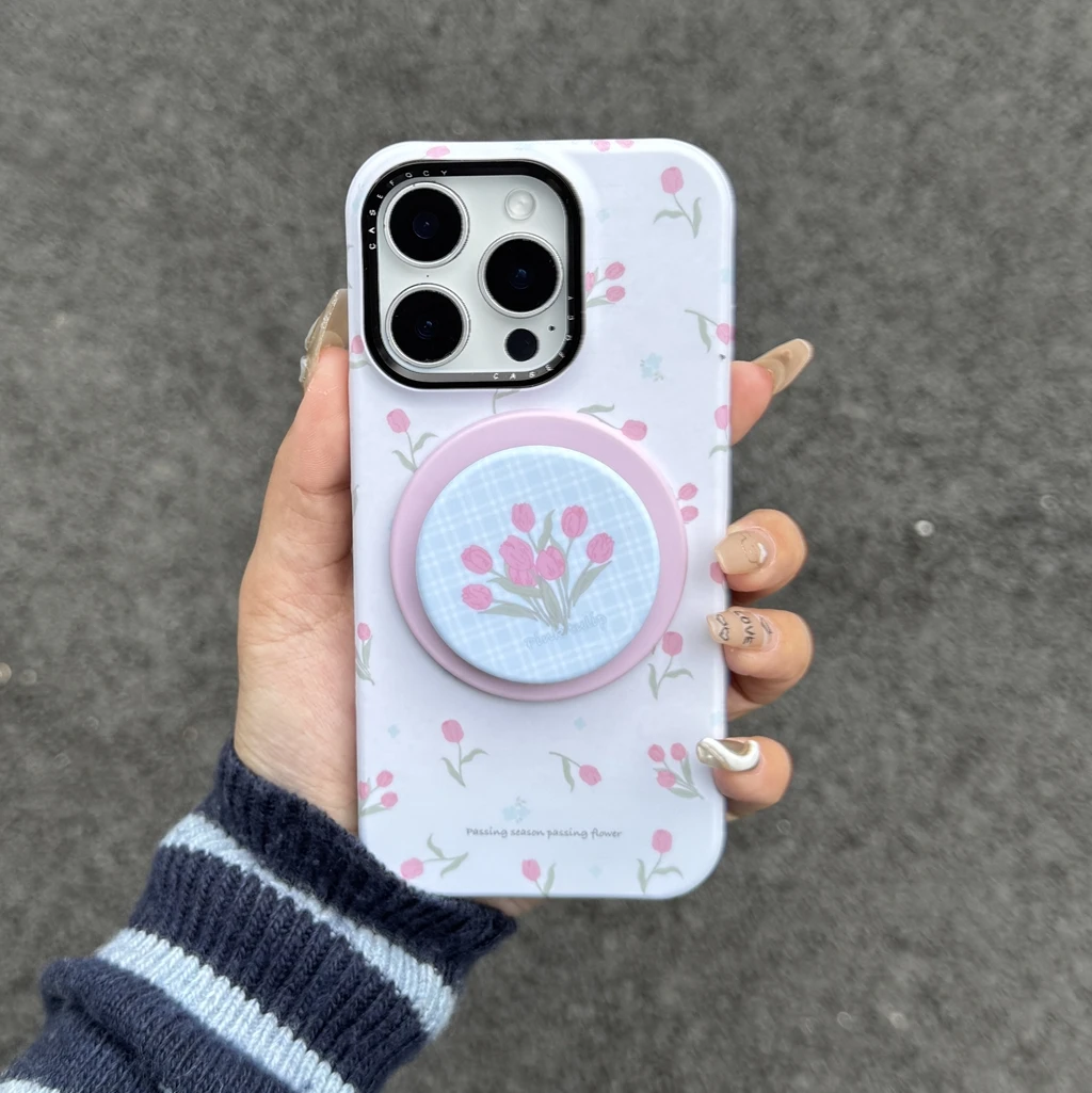 

Full Screen Tulip White Background With Holder Magnetic Wireless Charging Phone Cover Case for iPhone 17 16 15 14 13 12 Pro Max