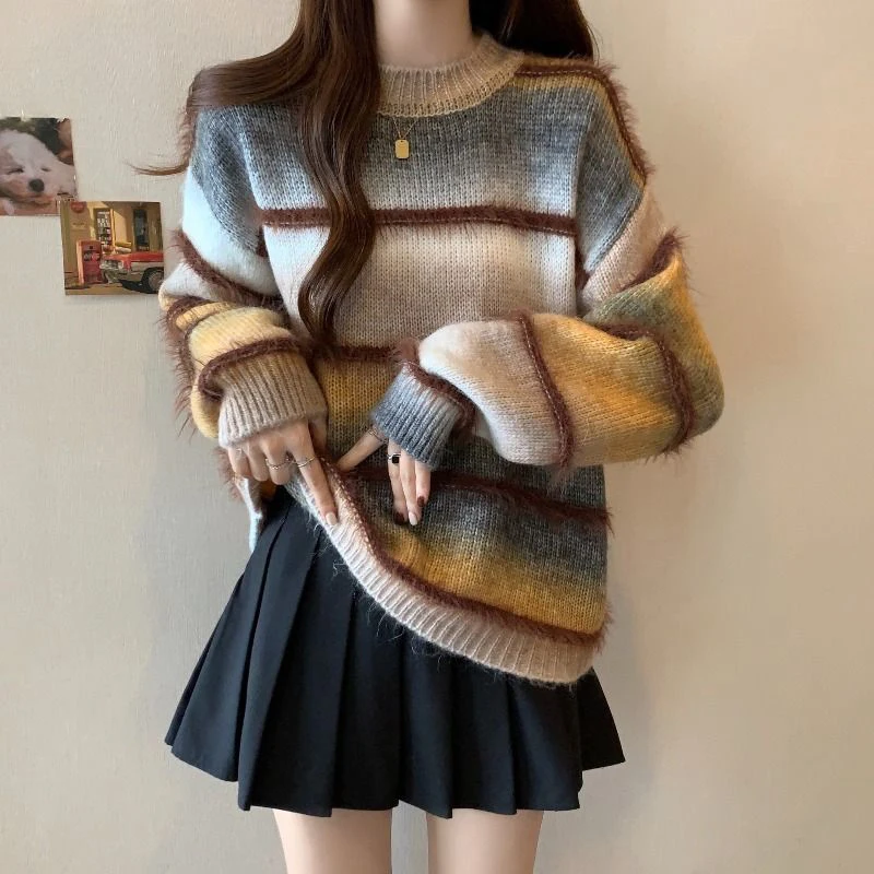 Gradient Striped Sweaters Women Fall Winter Sweet Loose Mock Neck Fuzzy Knitted Pullovers Lazy Wind Casual Female Jumpers Tops