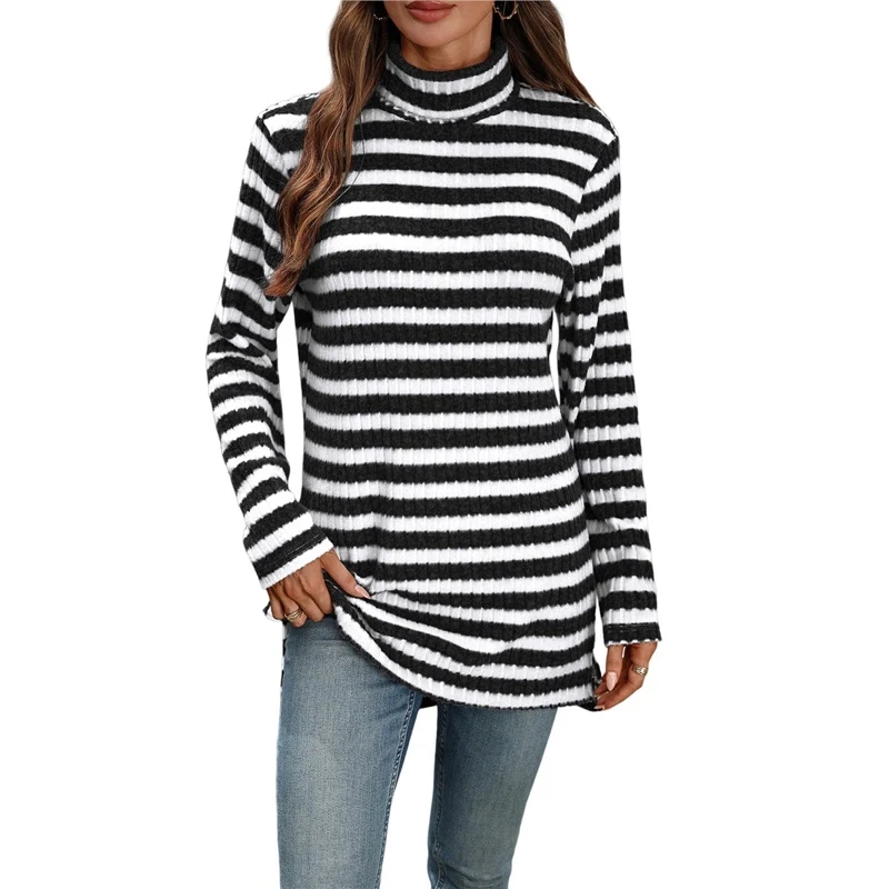 Women's Sweater Striped Turtleneck Long Sleeve Long Midi Ribbed Knit Knitted Side Slit Casual Fashion