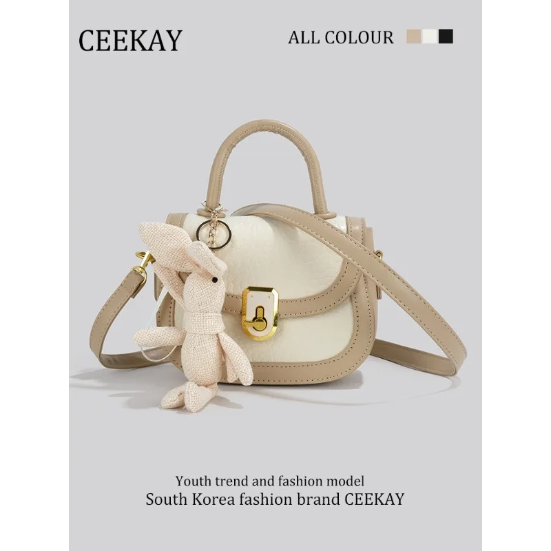 

2026 New CEEKAY Color Block Saddle Bag, Cute Handbag with Bunny Pendant & Metal Lock, Versatile Crossbody Bag for Women