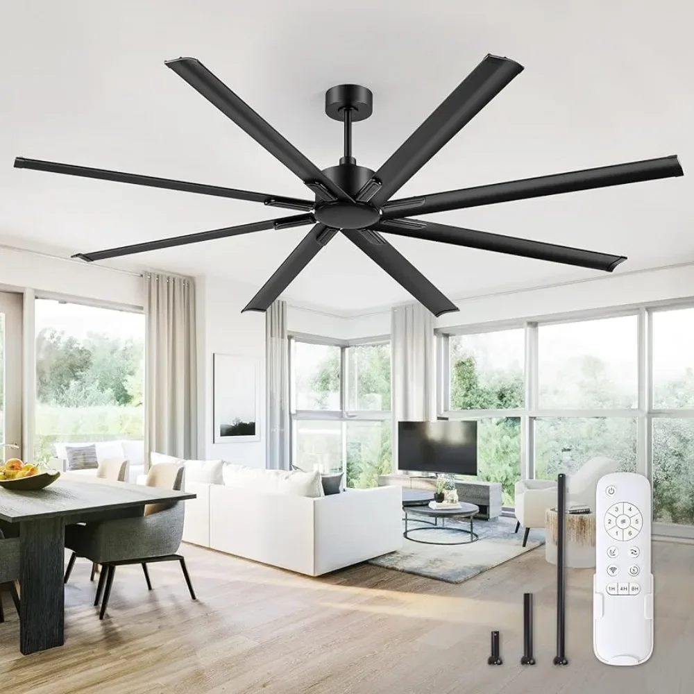 

84 inch industrial DC motor ceiling fan, large ceiling fan with 8 reversible blades,3 lower rods,6-speed remote control in black