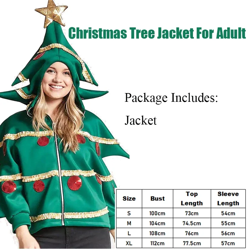 سويت شيرت نسائي بقلنسوة على شكل شجرة عيد الميلاد مع زخرفة ذهبية وحلي حمراء للحفلات الاحتفالية، سويت شيرت بقلنسوة بسحاب للعطلات