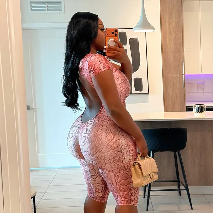 Sexy Hot Girl Snake Print Bodycon Romper Trend O Neck Button Backless Hollow Out Skinny Jumpsuits Streetwear Club Playsuits